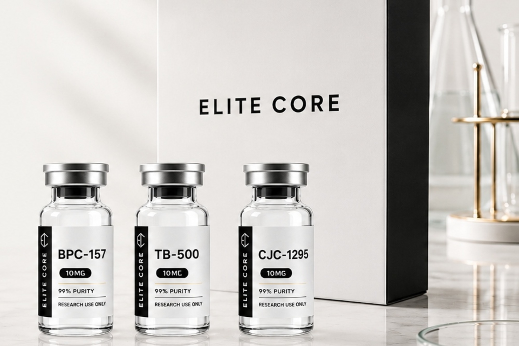 Elite Core peptide research bundles, three vials and white packaging box on a marble lab surface with soft lab glassware in the background