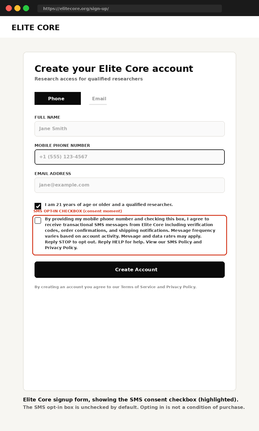 Elite Core signup form showing the SMS opt-in consent checkbox with full disclosure language